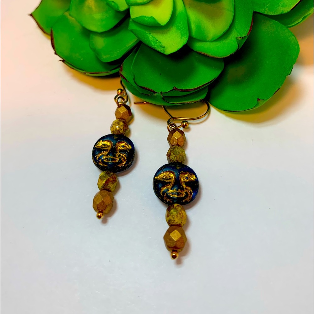 Picasso sun face bead Czech accent bead earrings